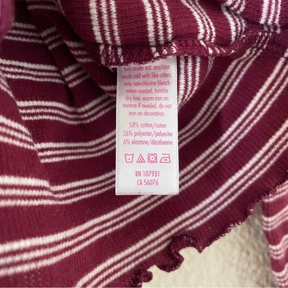 Justice Striped Top Girls 7 Maroon White Lettuce Edge Long Sleeve Shirt - Picture 7 of 7
